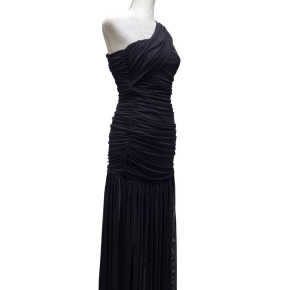 One-Shoulder Black Ruched Evening Gown With Sheer Skirt Size S - Picture 4 of 9